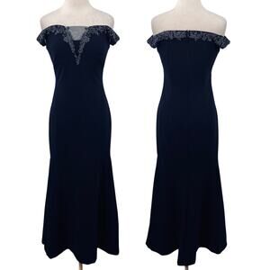 Theia Beaded Gown Off Shoulder Illusion Neckline Mermaid Scuba Knit Navy Blue 6